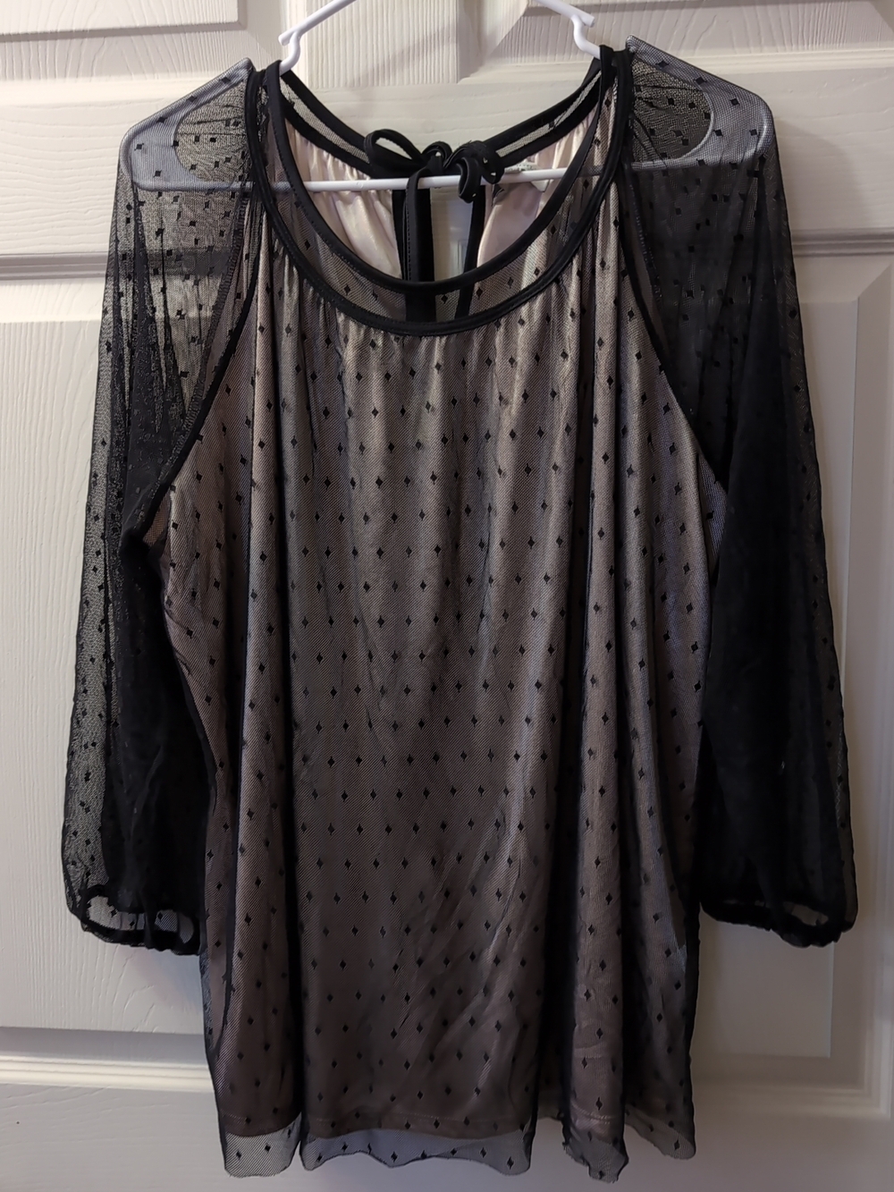 Semi-Sheer Black Polka Dot Women's Blouse with Scoop Neck